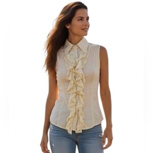 Y2K Boho Style Ruffle Front Broomstick Sleeveless Blouse Soft Yellow XS